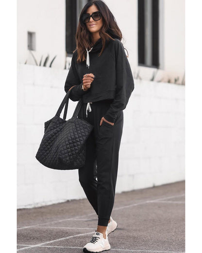 Black Drawstring Hoodie and High Waist Pants Lounge Set - L