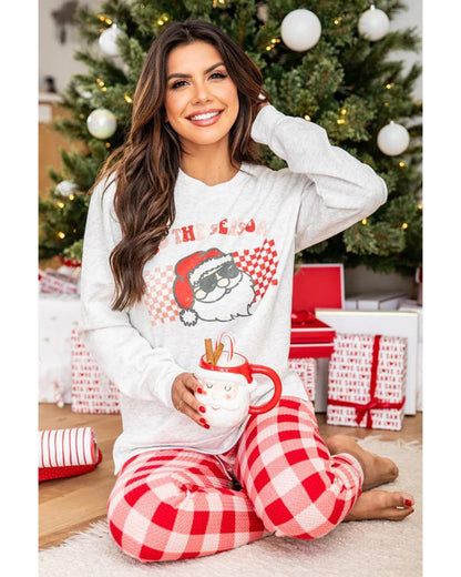Multicolor Christmas Claus Graphic Top Plaid Pants Lounge Set - M