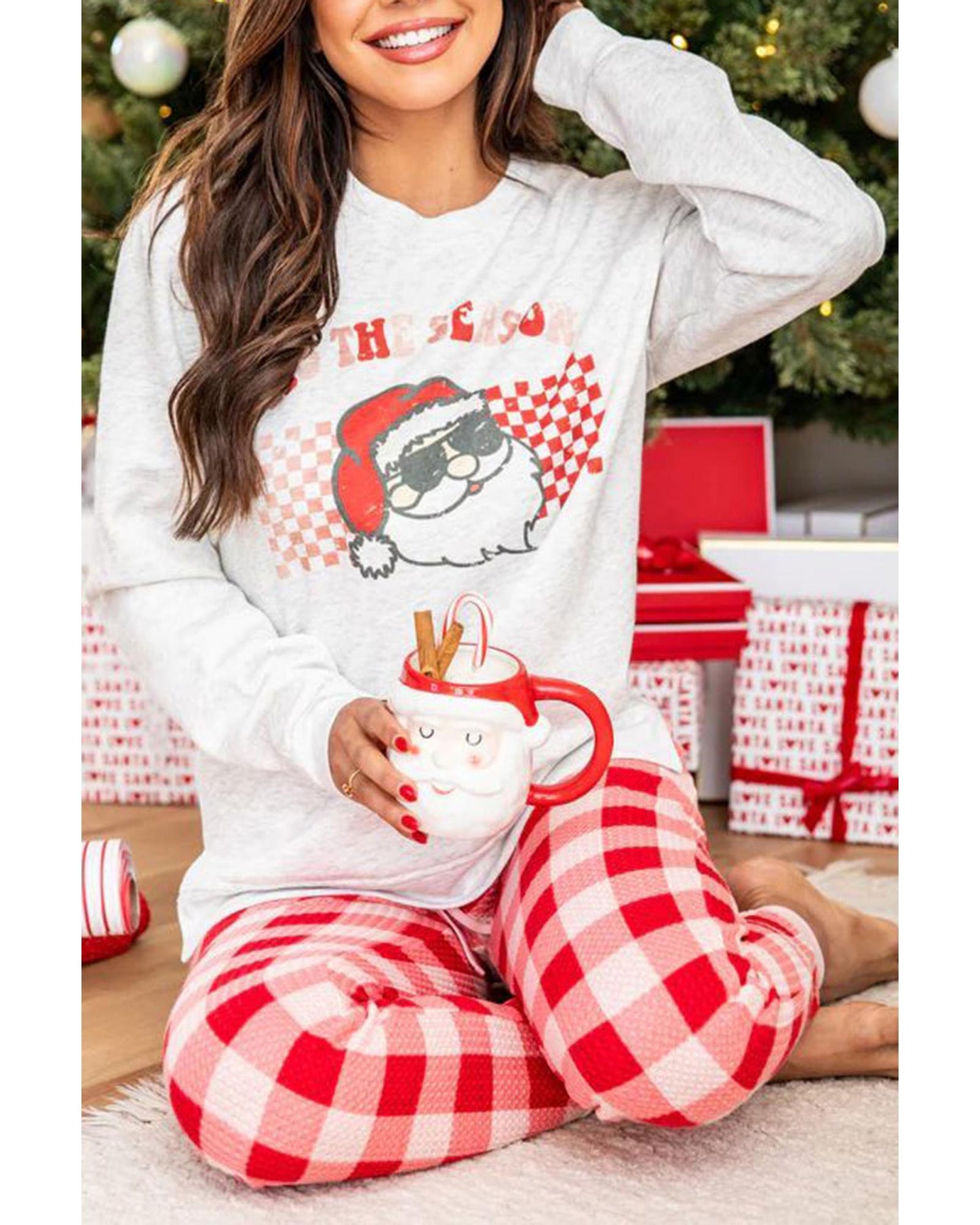 Multicolor Christmas Claus Graphic Top Plaid Pants Lounge Set - M