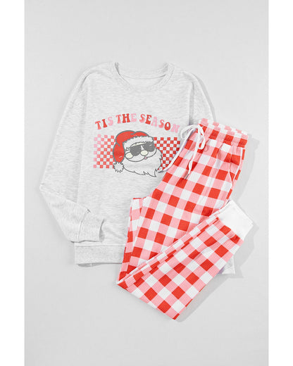 Multicolor Christmas Claus Graphic Top Plaid Pants Lounge Set - M