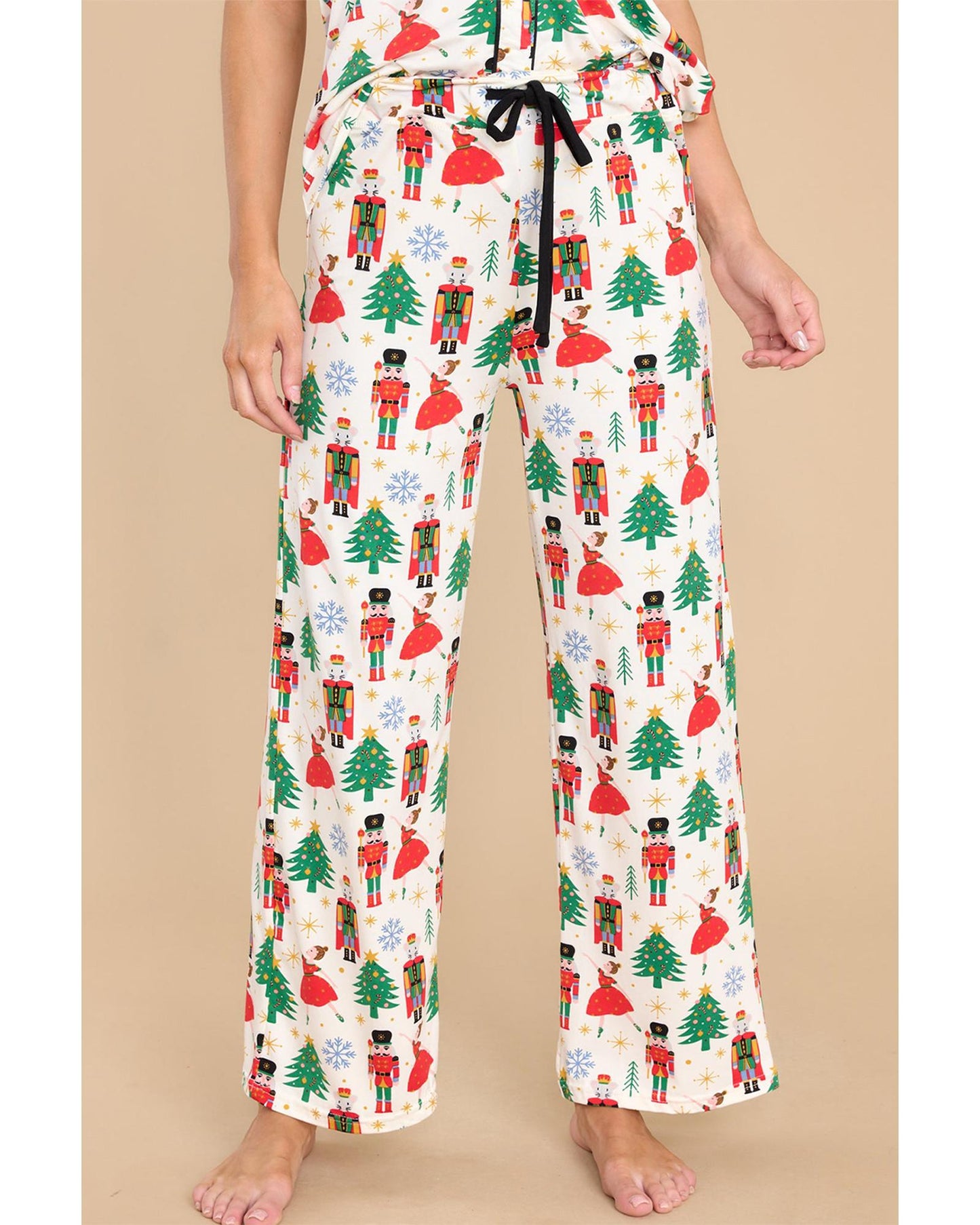 White Printed Christmas Pattern Buttoned Two Piece Sleepwear - M
