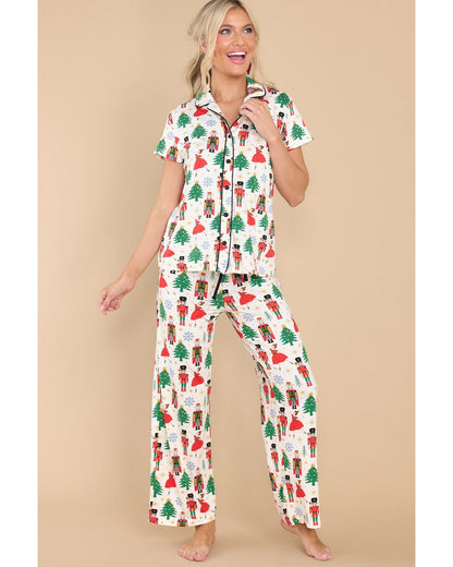 White Printed Christmas Pattern Buttoned Two Piece Sleepwear - M
