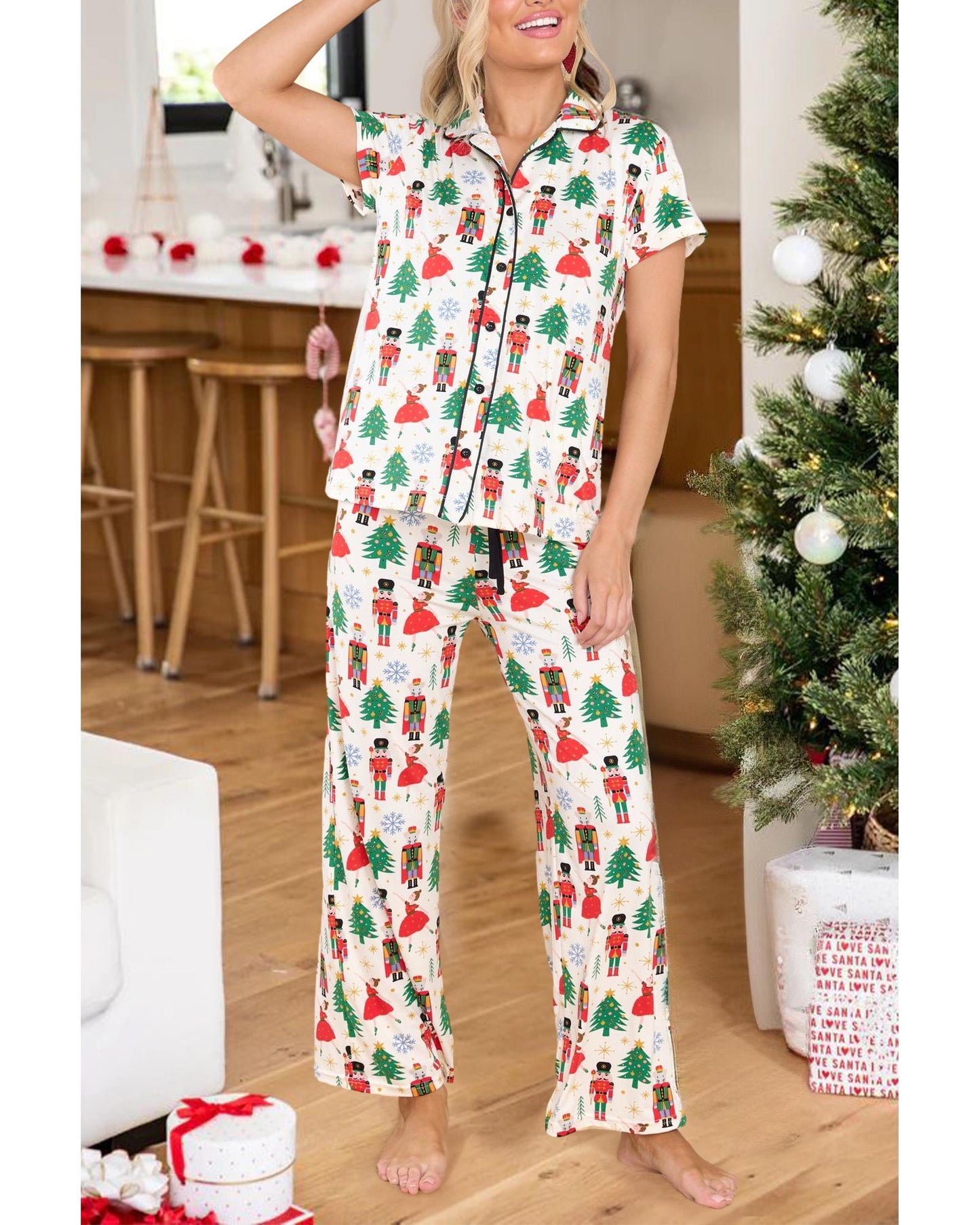 White Printed Christmas Pattern Buttoned Two Piece Sleepwear - M