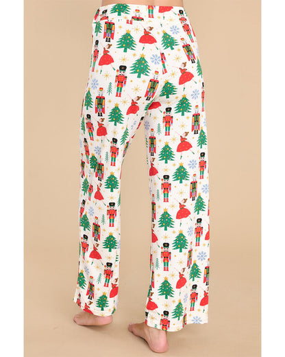 White Printed Christmas Pattern Buttoned Two Piece Sleepwear - M