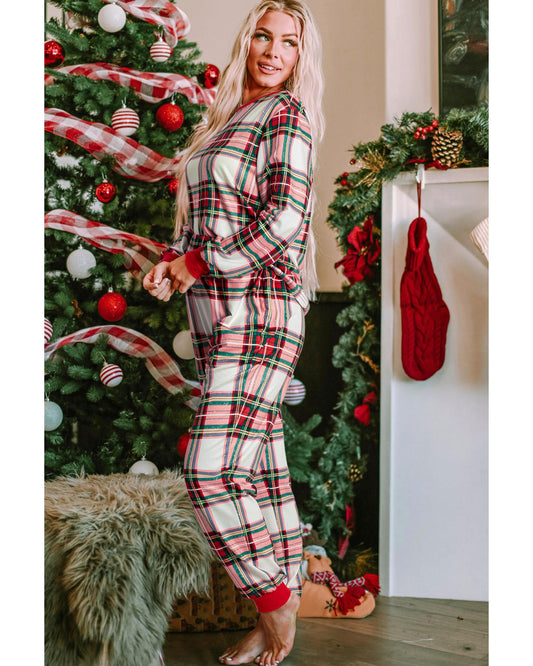 Red Christmas Plaid Allover Top and Pants Lounge Set - M