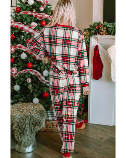 Red Christmas Plaid Allover Top and Pants Lounge Set - M