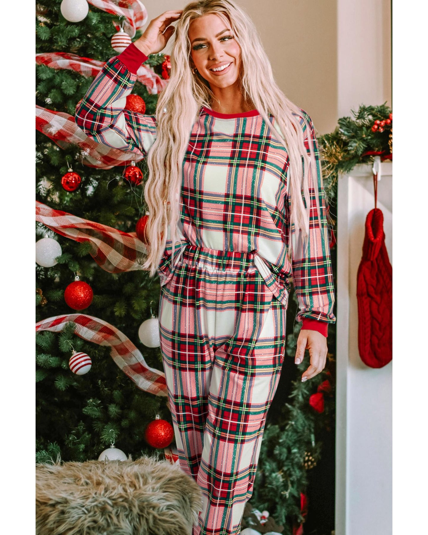 Red Christmas Plaid Allover Top and Pants Lounge Set - M