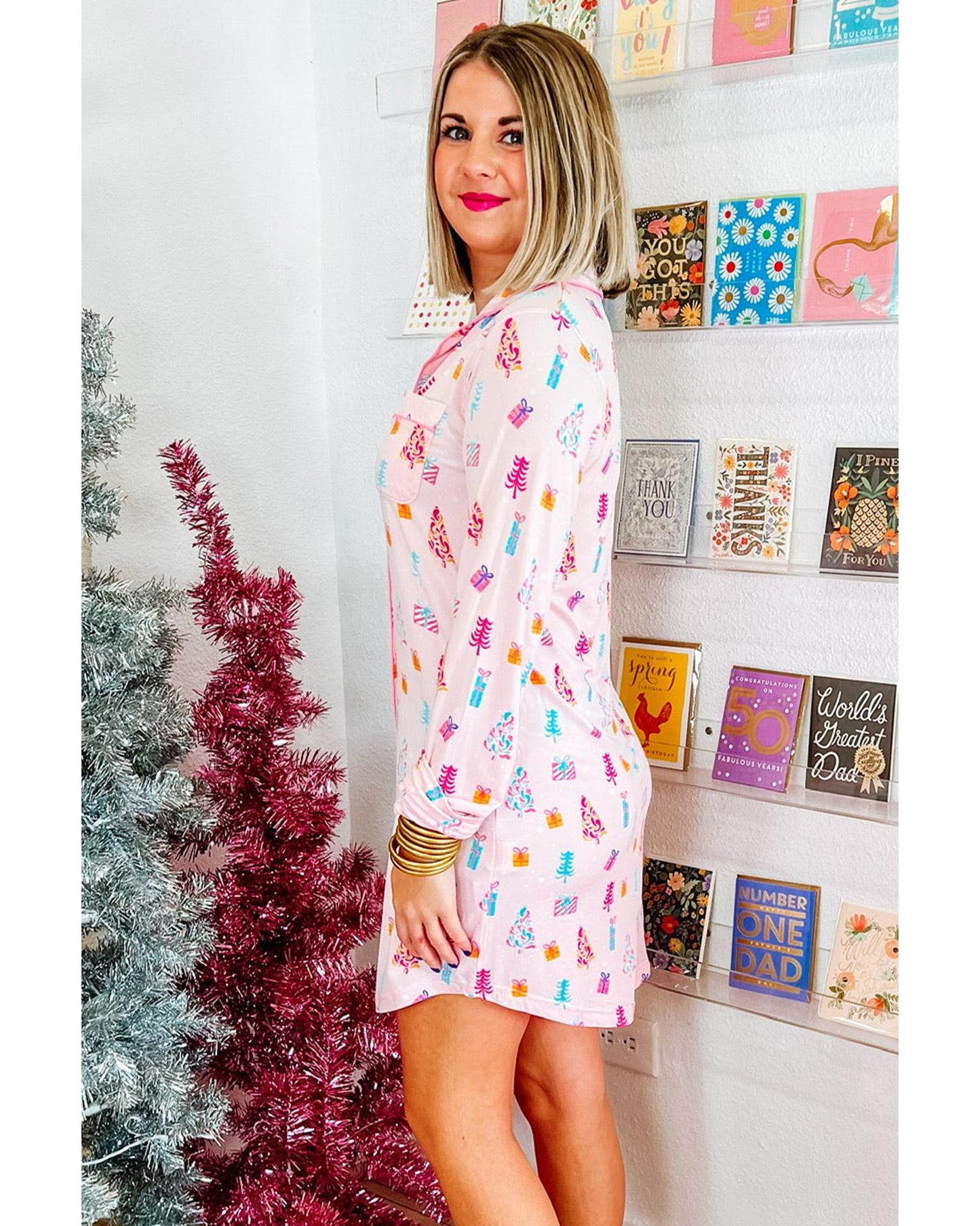 Pink Christmas Twinkle Tree Print Shirt Sleep Dress - L