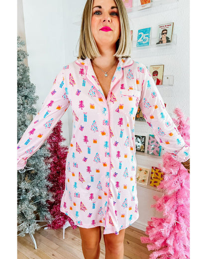 Pink Christmas Twinkle Tree Print Shirt Sleep Dress - L