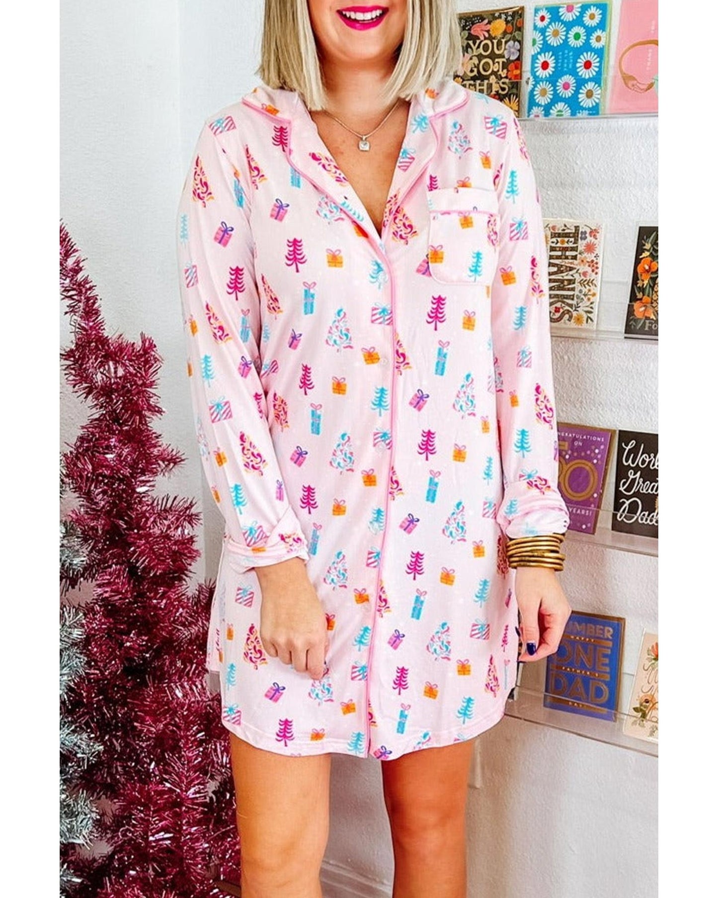 Pink Christmas Twinkle Tree Print Shirt Sleep Dress - L