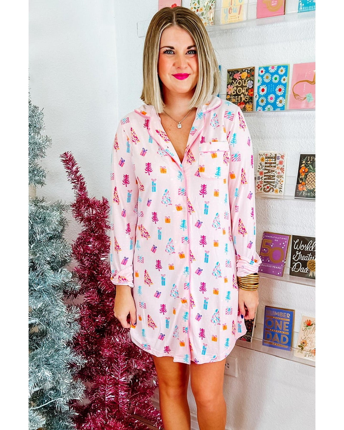 Pink Christmas Twinkle Tree Print Shirt Sleep Dress - L