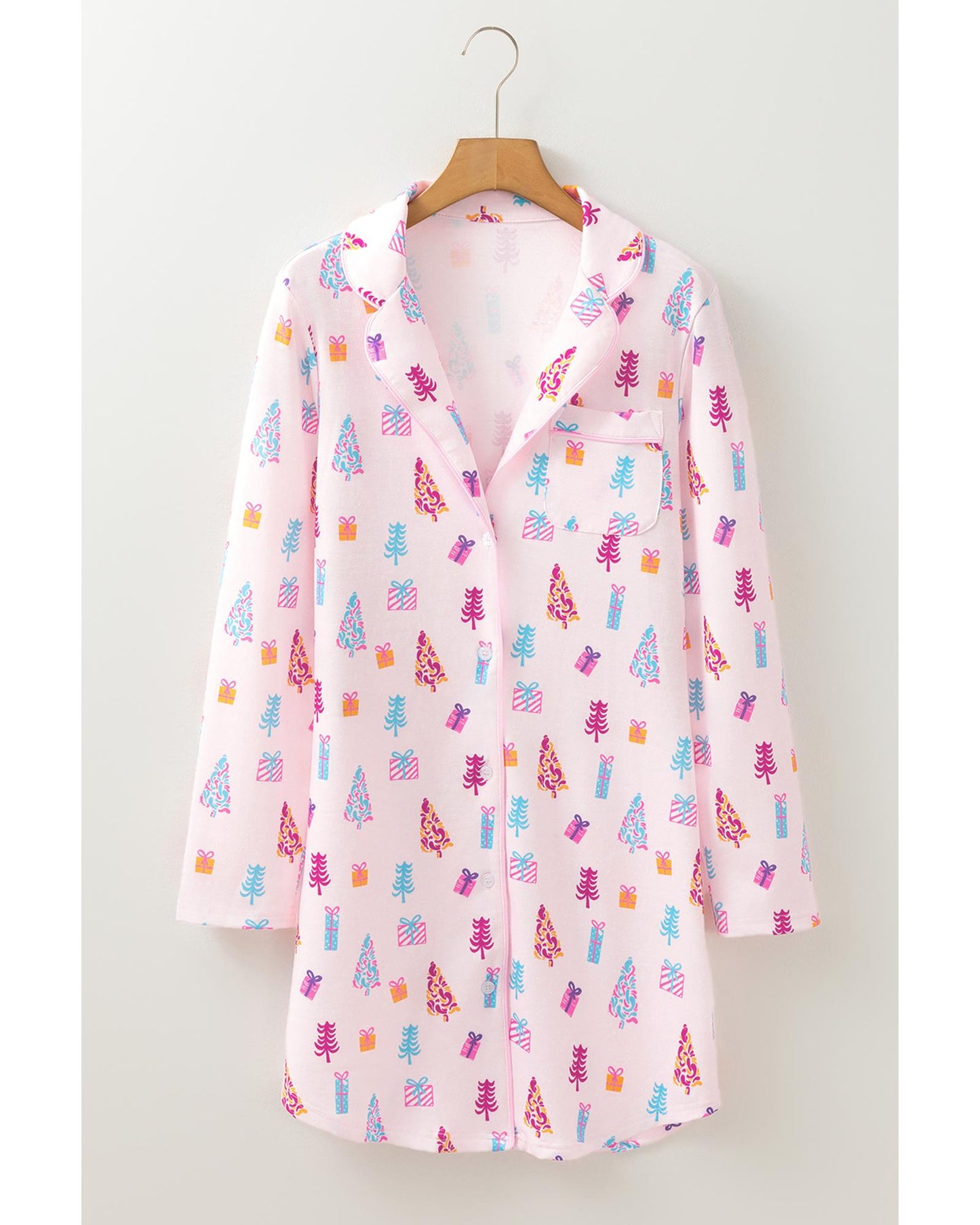 Pink Christmas Twinkle Tree Print Shirt Sleep Dress - L