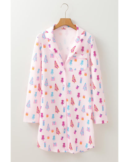 Pink Christmas Twinkle Tree Print Shirt Sleep Dress - L