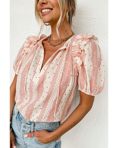 Red Frilled Short Puff Sleeve Mixed Print Blouse - M