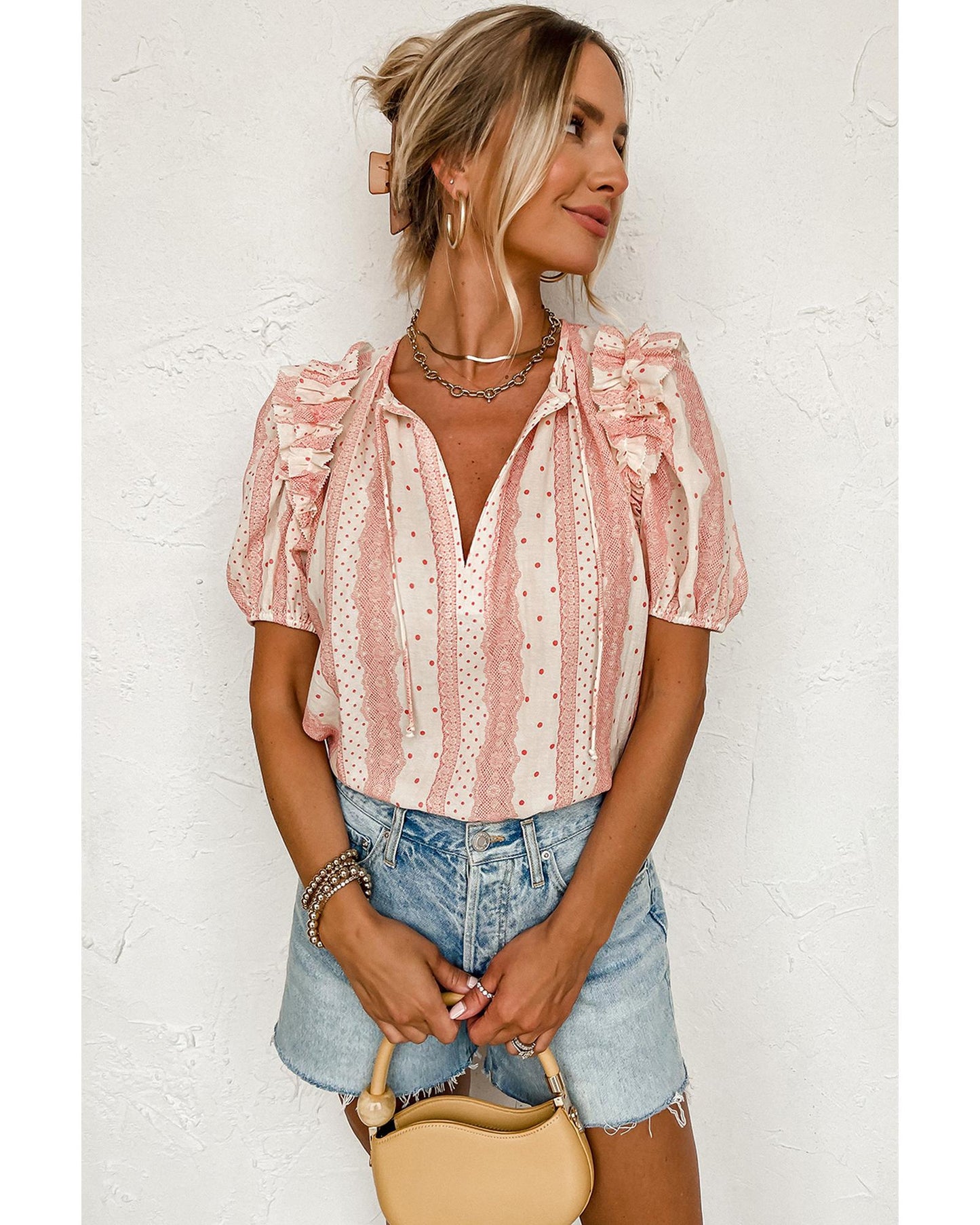 Red Frilled Short Puff Sleeve Mixed Print Blouse - M