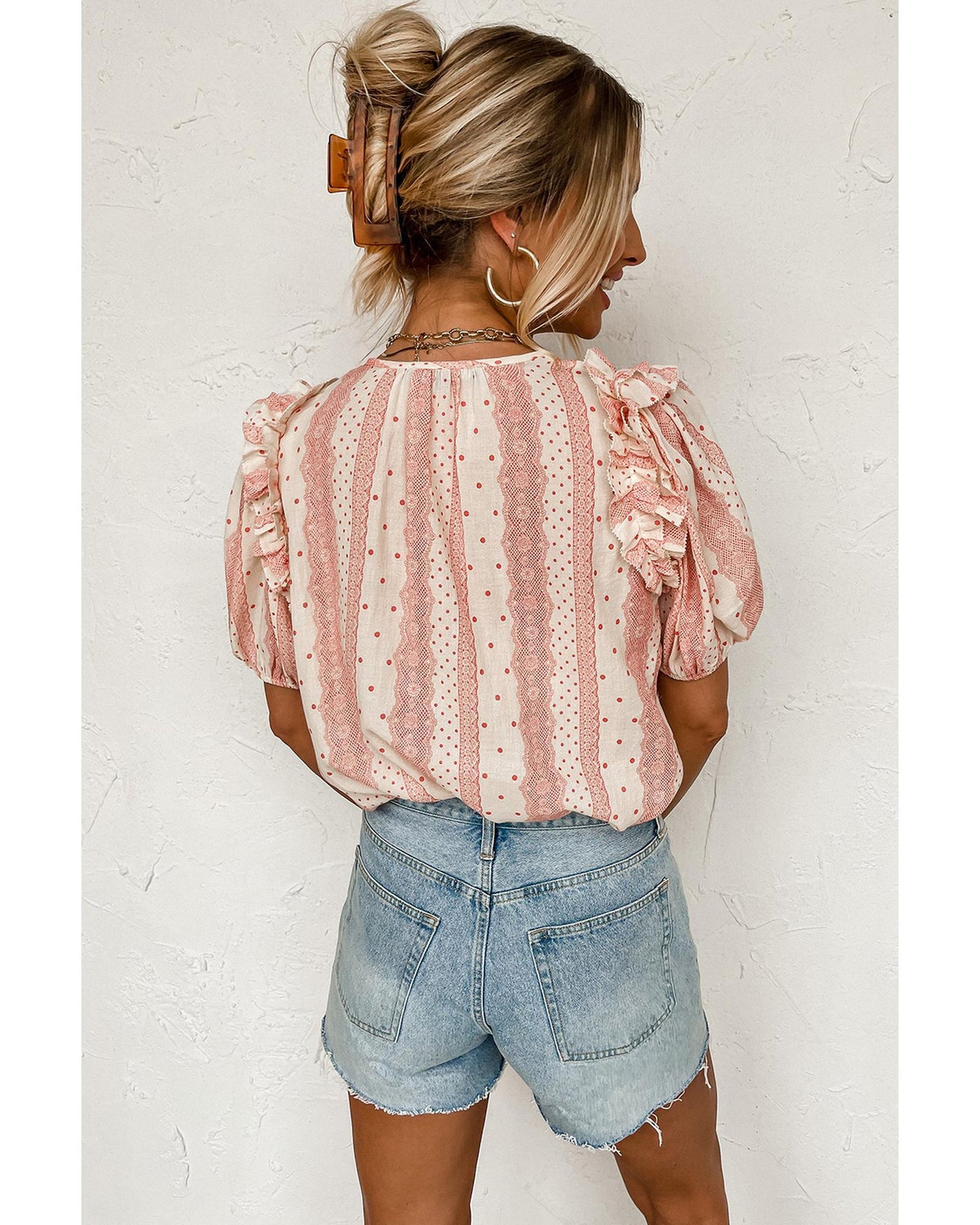 Red Frilled Short Puff Sleeve Mixed Print Blouse - M