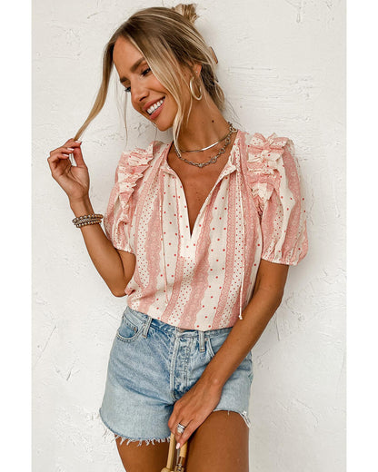 Red Frilled Short Puff Sleeve Mixed Print Blouse - M