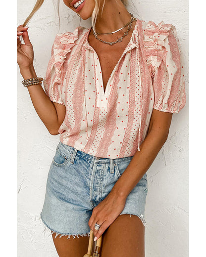Red Frilled Short Puff Sleeve Mixed Print Blouse - M