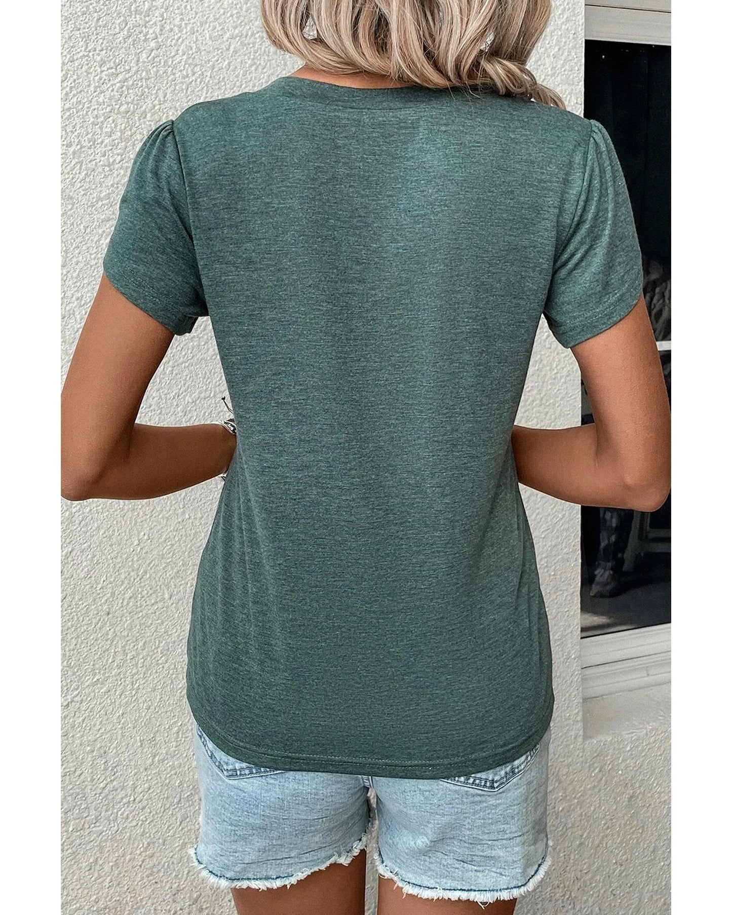 Mist Green Fashion Petal Sleeve V Neck T Shirt - S