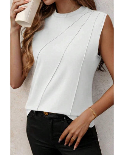 White Crew Neck Pleated Tank Top - L