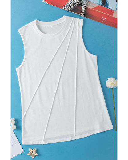 White Crew Neck Pleated Tank Top - L