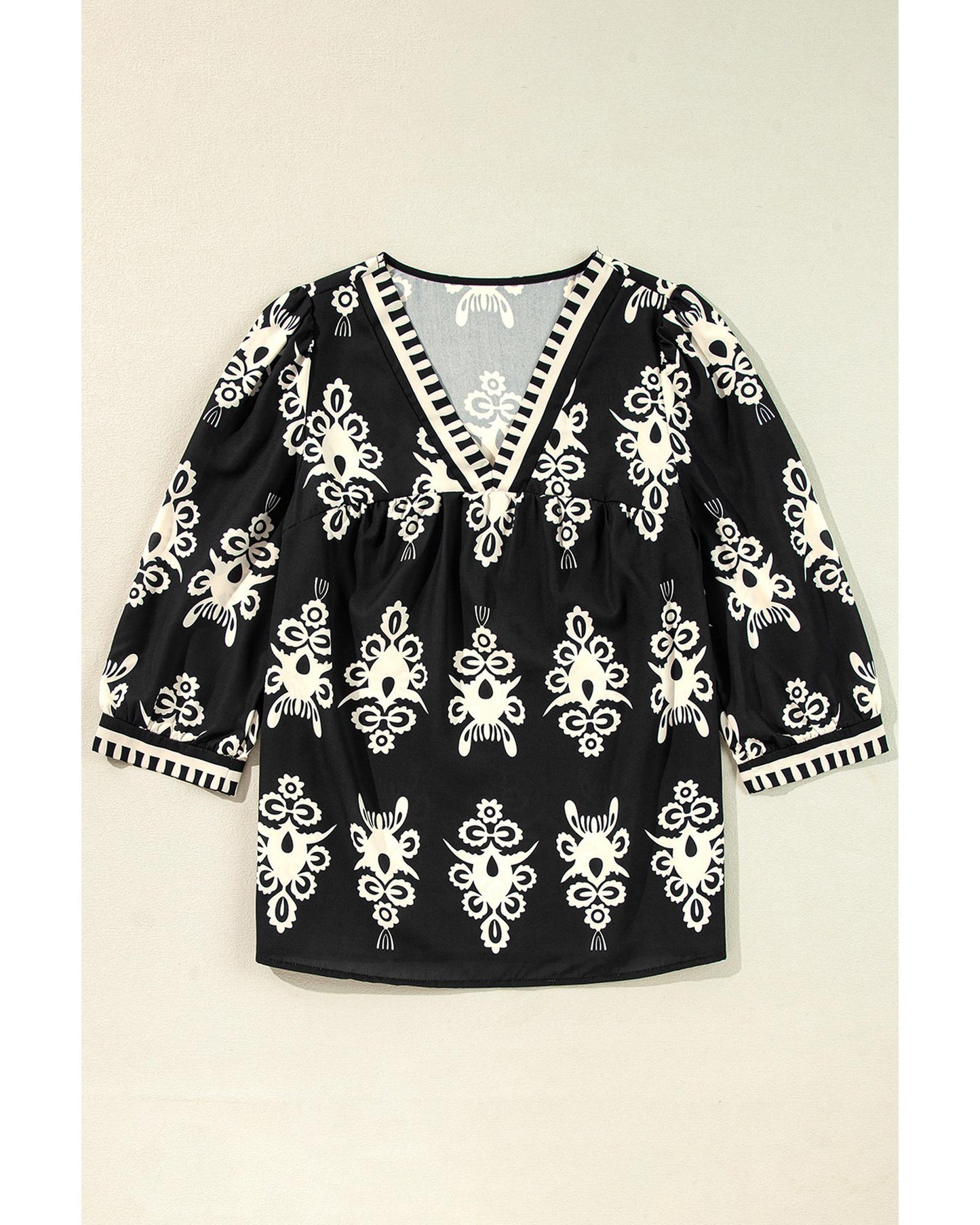 Black Vintage Geometric Printed 3/4 Sleeve V Neck Blouse - S