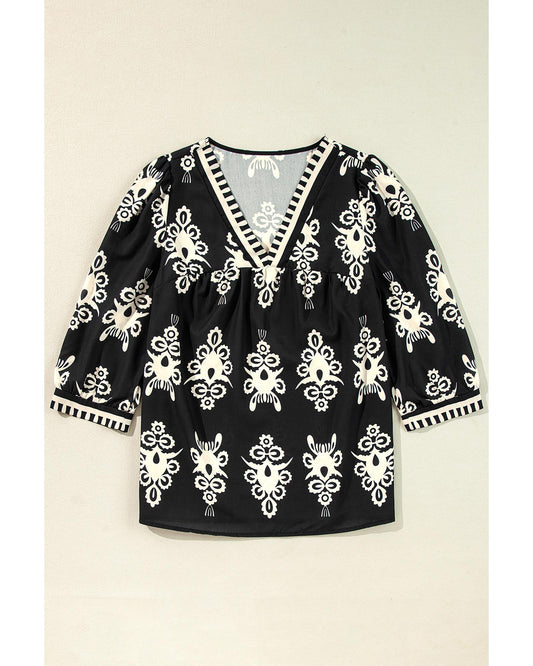 Black Vintage Geometric Printed 3/4 Sleeve V Neck Blouse - S