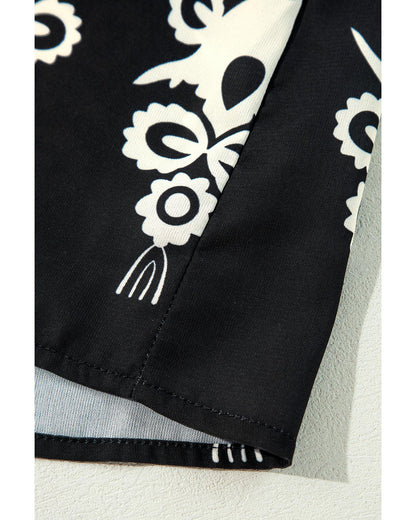 Black Vintage Geometric Printed 3/4 Sleeve V Neck Blouse - S