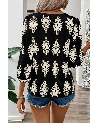 Black Vintage Geometric Printed 3/4 Sleeve V Neck Blouse - S