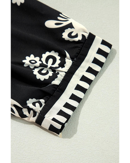 Black Vintage Geometric Printed 3/4 Sleeve V Neck Blouse - S