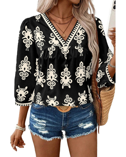Black Vintage Geometric Printed 3/4 Sleeve V Neck Blouse - S