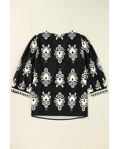Black Vintage Geometric Printed 3/4 Sleeve V Neck Blouse - S