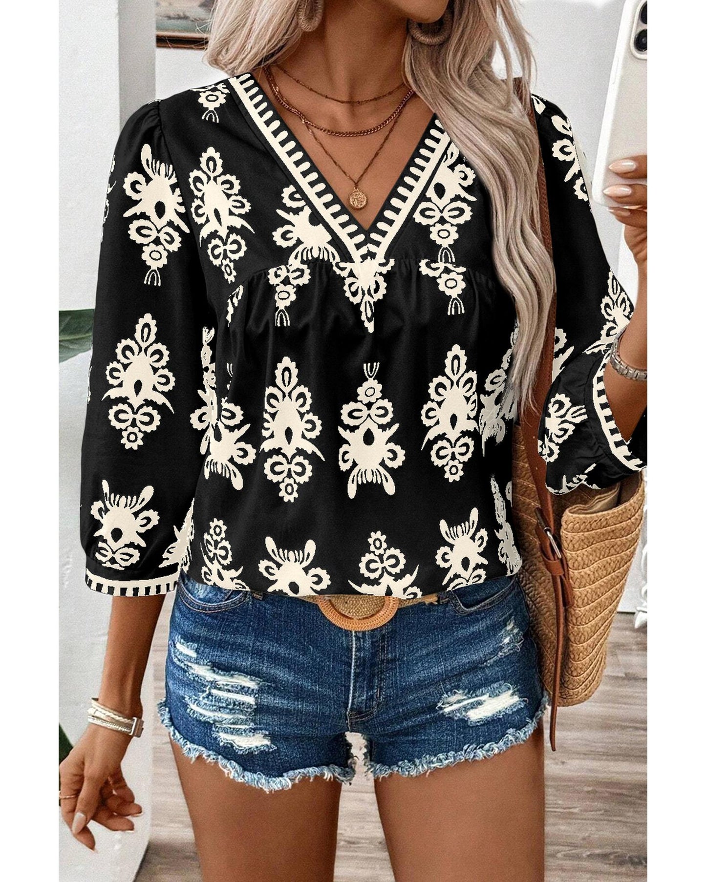 Black Vintage Geometric Printed 3/4 Sleeve V Neck Blouse - S