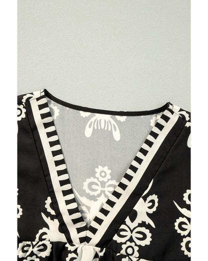 Black Vintage Geometric Printed 3/4 Sleeve V Neck Blouse - S