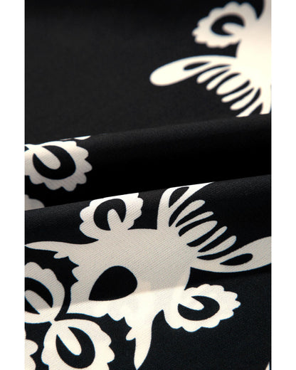 Black Vintage Geometric Printed 3/4 Sleeve V Neck Blouse - S