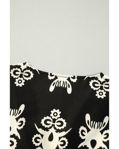 Black Vintage Geometric Printed 3/4 Sleeve V Neck Blouse - S