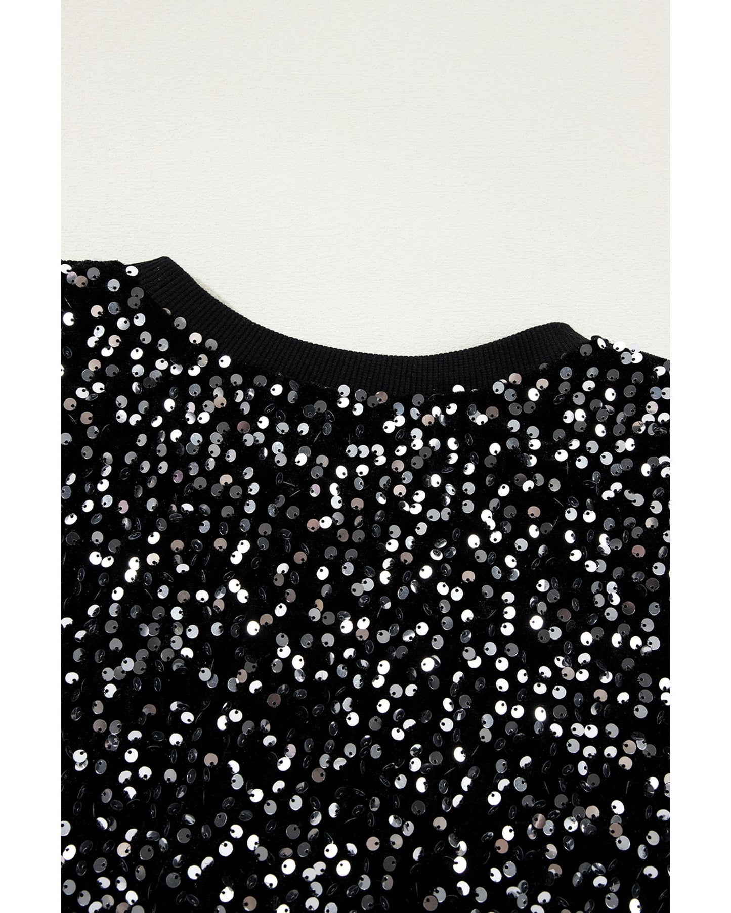 Black Sequined Long Sleeve Crew Neck Cropped Blouse - S