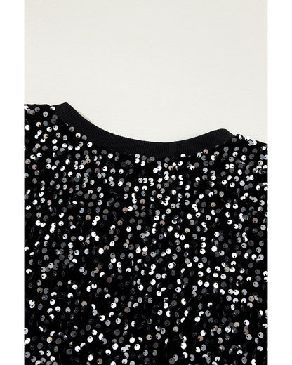 Black Sequined Long Sleeve Crew Neck Cropped Blouse - S