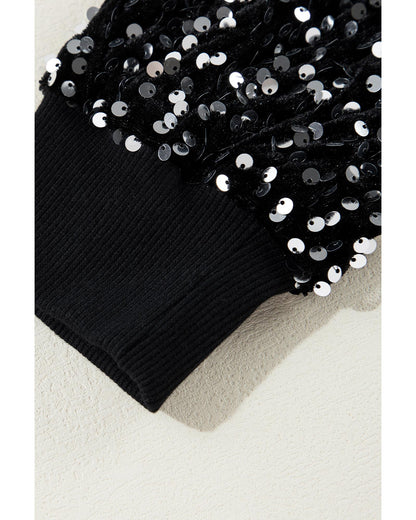 Black Sequined Long Sleeve Crew Neck Cropped Blouse - S