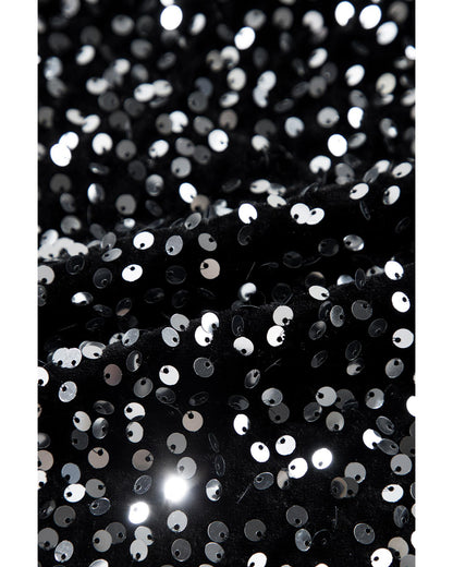 Black Sequined Long Sleeve Crew Neck Cropped Blouse - S