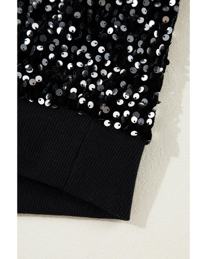 Black Sequined Long Sleeve Crew Neck Cropped Blouse - S