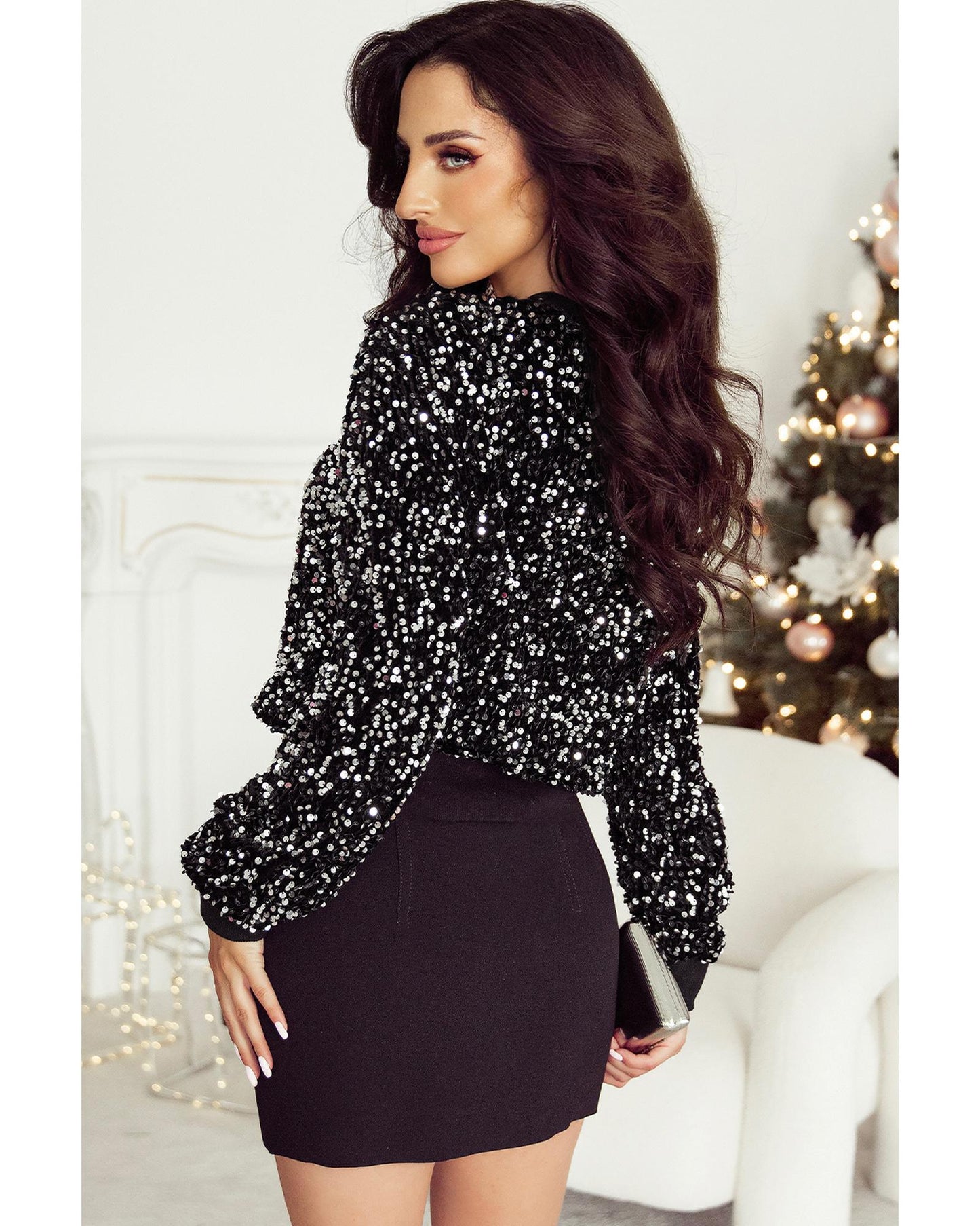 Black Sequined Long Sleeve Crew Neck Cropped Blouse - S