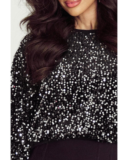 Black Sequined Long Sleeve Crew Neck Cropped Blouse - S