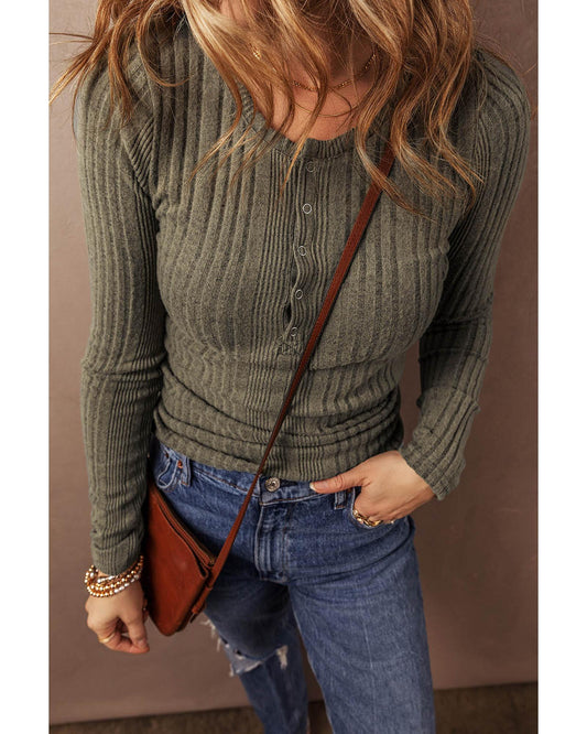 Jungle Green Ribbed Knit Half Button Slim Fit Blouse - S