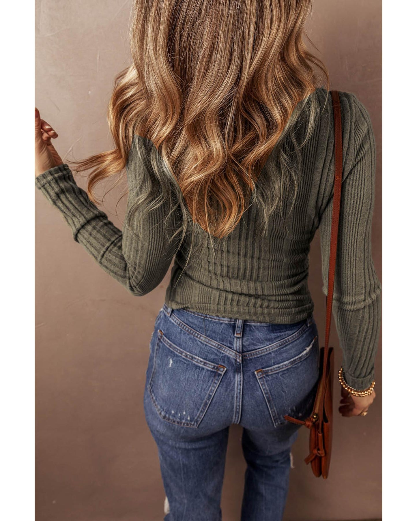 Jungle Green Ribbed Knit Half Button Slim Fit Blouse - S