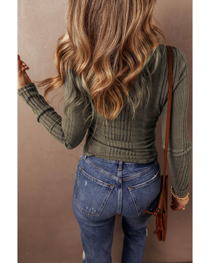 Jungle Green Ribbed Knit Half Button Slim Fit Blouse - S