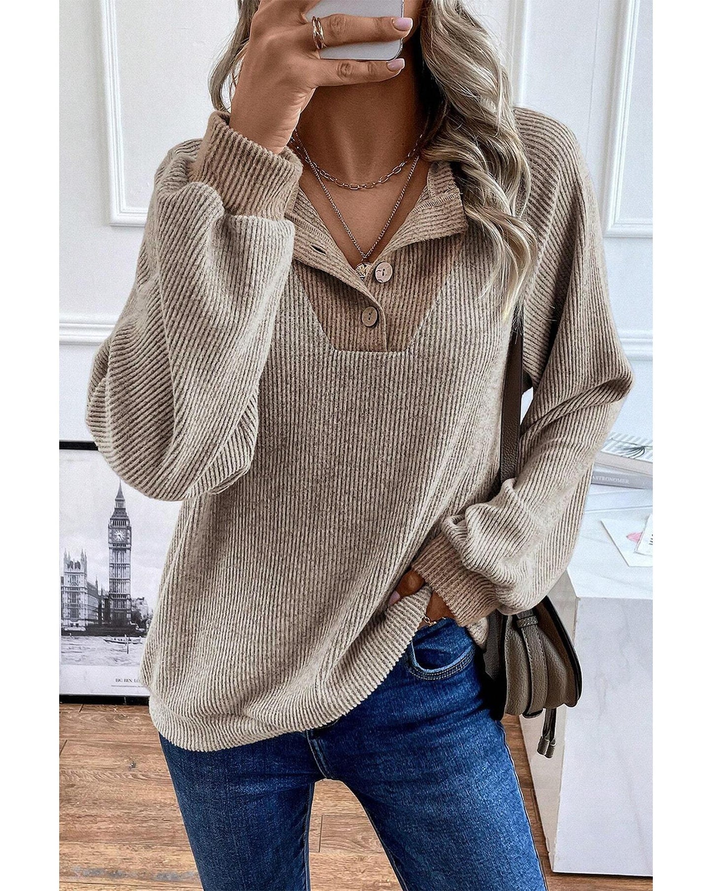 Jet Stream Color Contrast Ribbed Loose Fit Long Sleeve Top - S