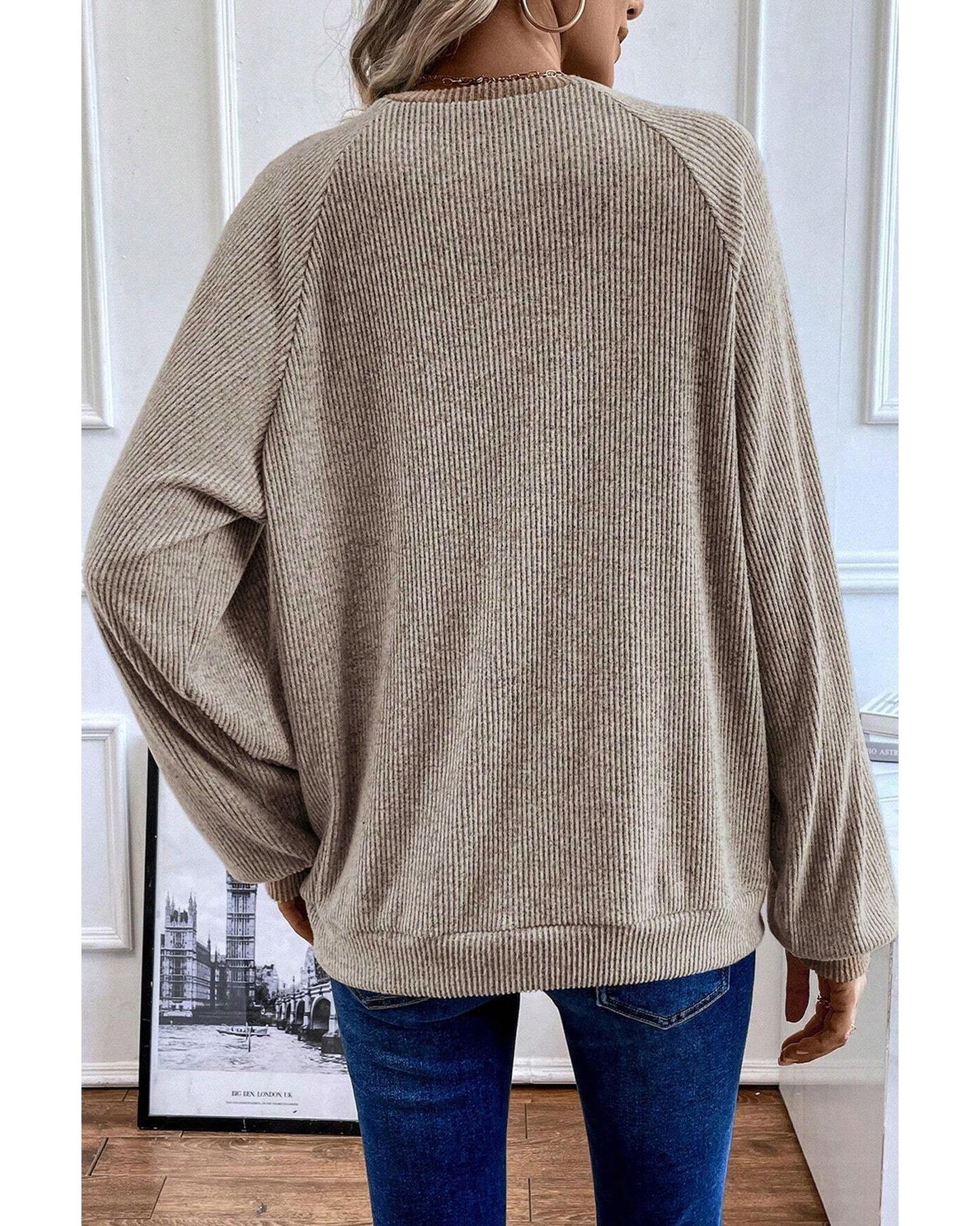 Jet Stream Color Contrast Ribbed Loose Fit Long Sleeve Top - S