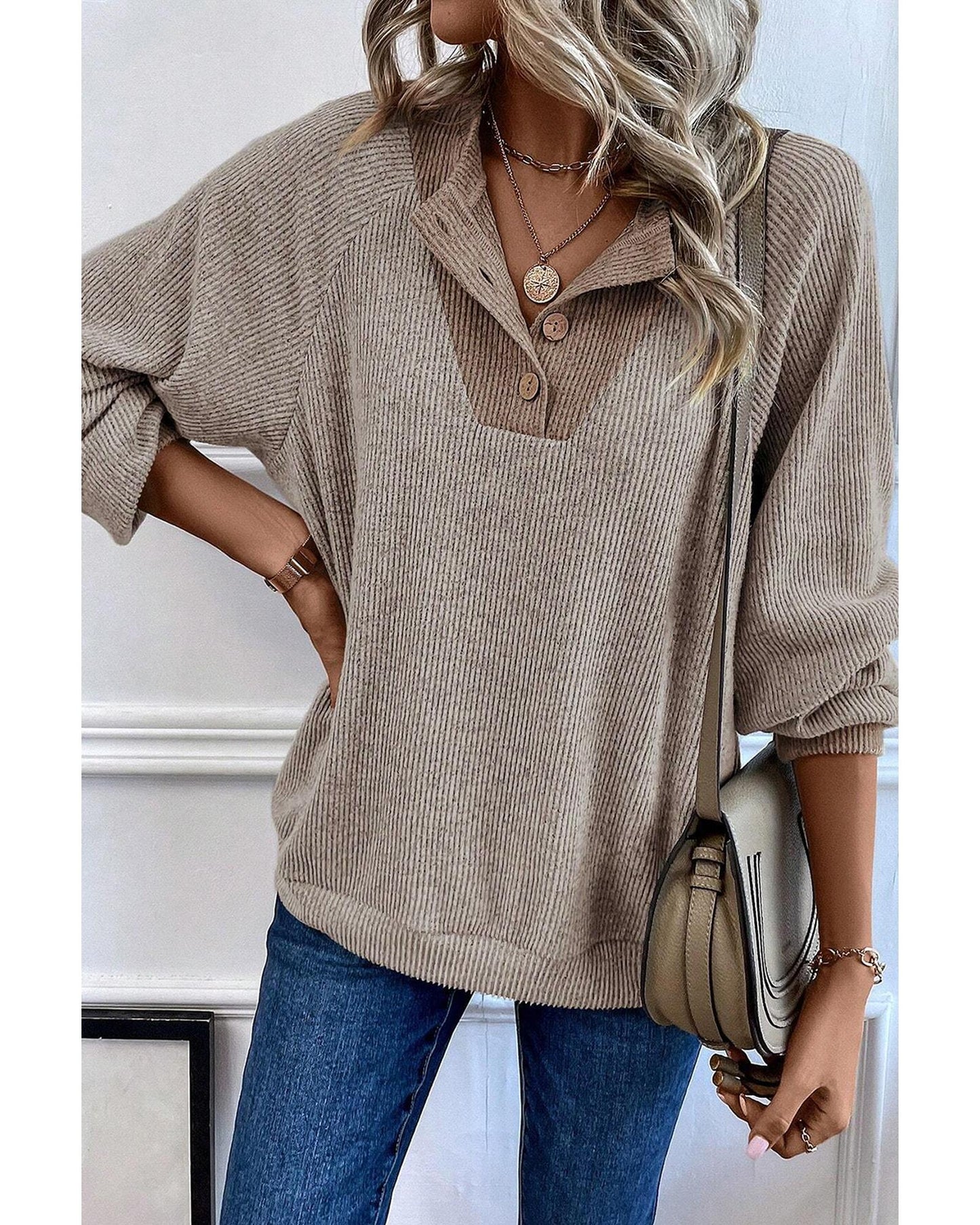 Jet Stream Color Contrast Ribbed Loose Fit Long Sleeve Top - S