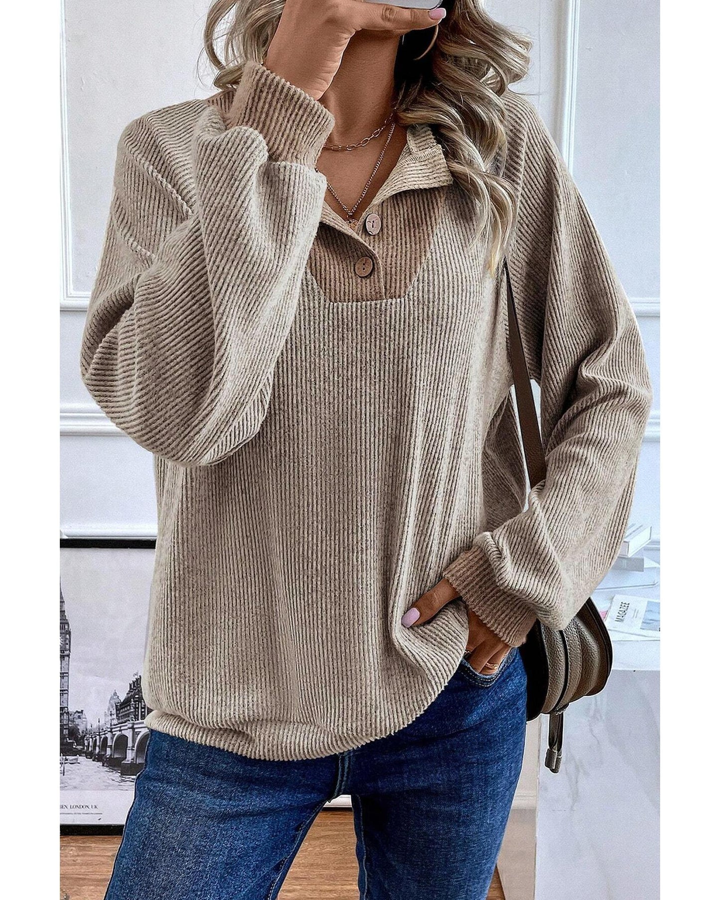 Jet Stream Color Contrast Ribbed Loose Fit Long Sleeve Top - S